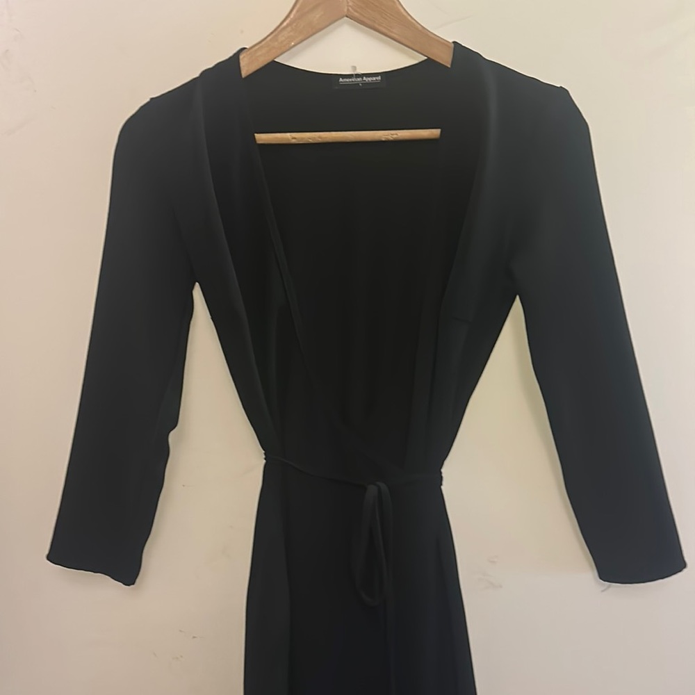 American Apparel Women's Julliard Black Crepe Maxi V-neck Wrap Dress S